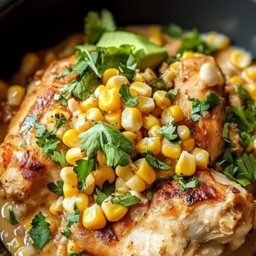 Delicious bowl of Crockpot Street Corn Chicken topped with fresh ingredients