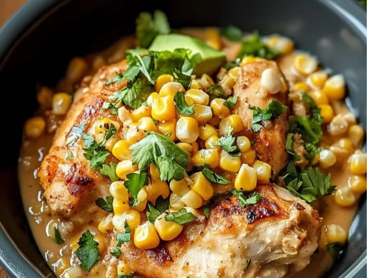 Delicious bowl of Crockpot Street Corn Chicken topped with fresh ingredients