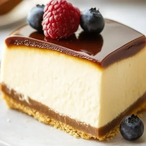 Decadent millionaire cheesecake topped with chocolate and caramel for indulgent dessert.