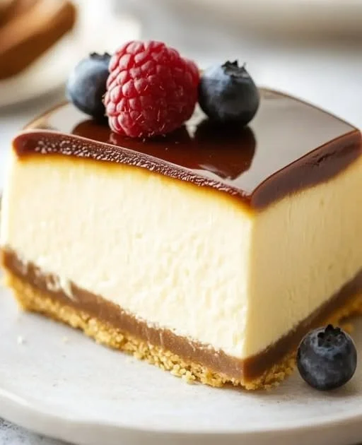 Decadent millionaire cheesecake topped with chocolate and caramel for indulgent dessert.