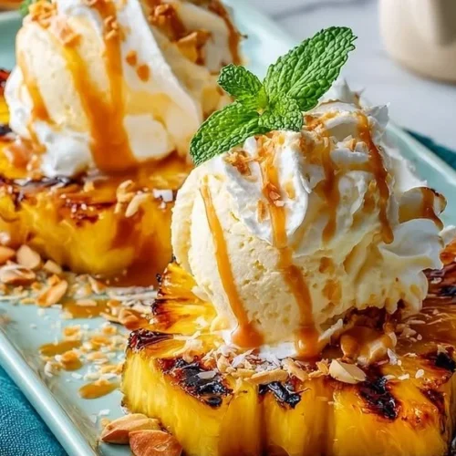 Delicious grilled pineapple slices served with a scoop of ice cream