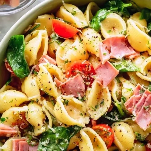 Easy Ham Pasta Salad with Italian Dressing from The Girls' Kitchen