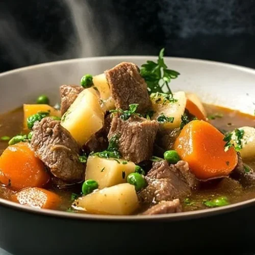 Bowl of delicious homestyle beef stew with vegetables and herbs