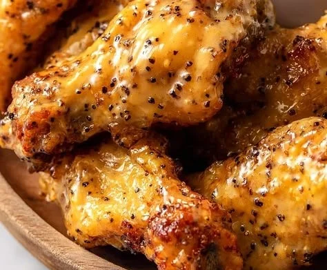 Plate of easy honey mustard chicken wings garnished with herbs