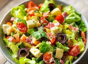 Bowl of Easy Italian Chopped Salad with fresh vegetables and dressing