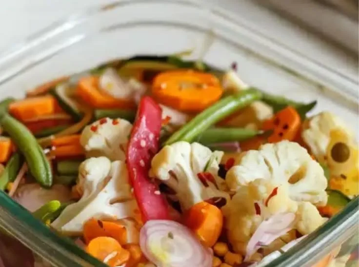 Bowl of easy refrigerator pickled vegetables with colorful carrots and cucumbers