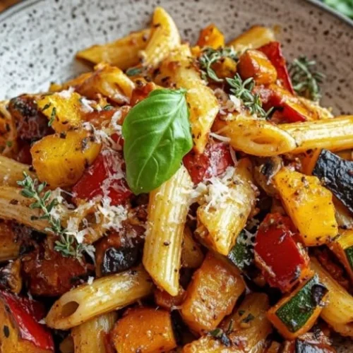 Bowl of easy summer roasted vegetable pasta with seasonal ingredients