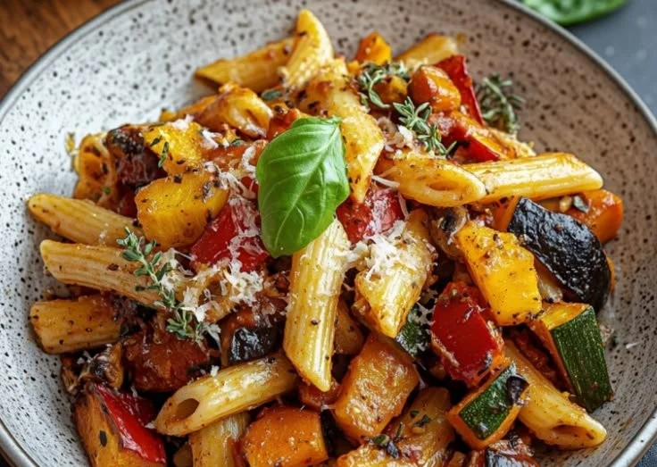 Bowl of easy summer roasted vegetable pasta with seasonal ingredients