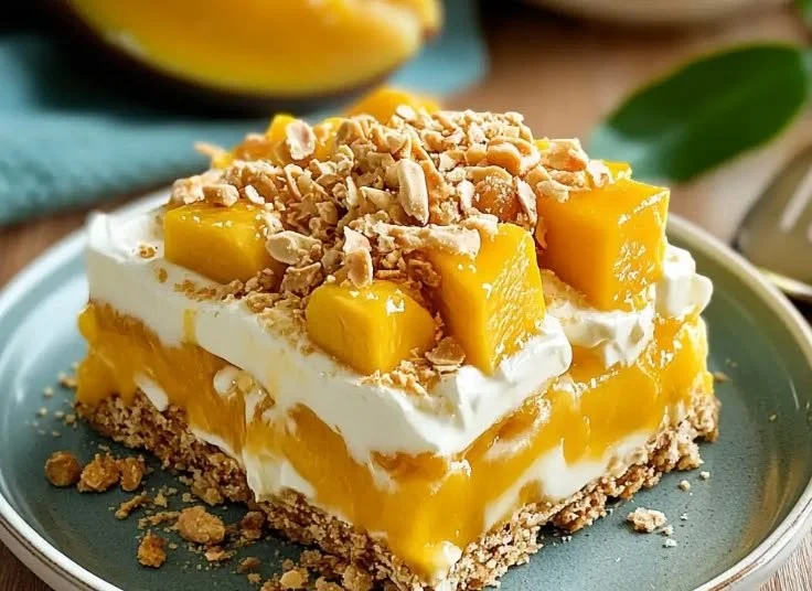 Delicious Filipino Mango Float dessert with layers of mango and cream