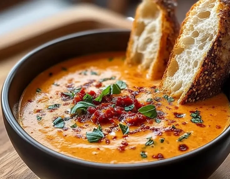 Delicious bowl of fire roasted tomato soup garnished with herbs