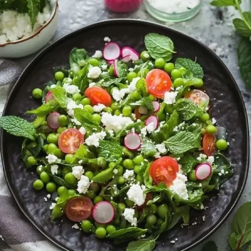 Fresh and colorful Garden Pea Salad with peas, herbs, and dressing