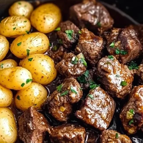 Delicious garlic butter beef bites served on a plate