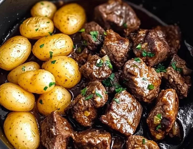 Delicious garlic butter beef bites served on a plate