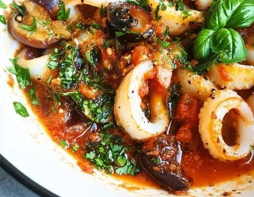 Garlic Squid with Tomato Basil Sauce