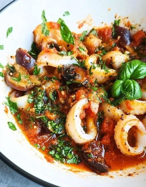 Garlic Squid with Tomato Basil Sauce