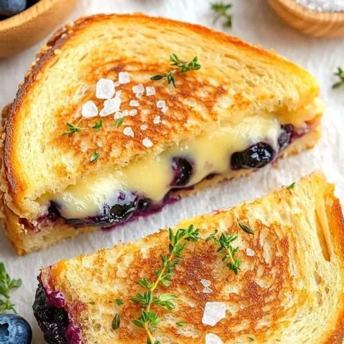Gourmet blueberry grilled cheese sandwich with melted cheese and blueberries