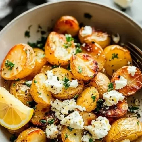 A plate of golden Greek Roast Potatoes garnished with herbs and lemon.