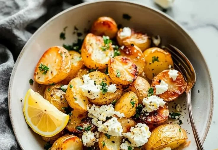 A plate of golden Greek Roast Potatoes garnished with herbs and lemon.