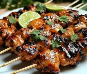 Grilled Thai Coconut Chicken Skewers garnished and ready to eat