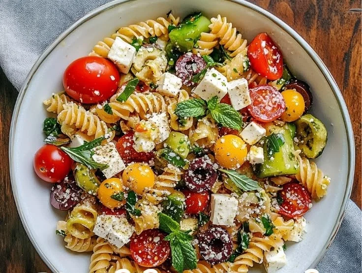 Bowl of Healthy Greek Pasta Salad with vegetables and feta cheese