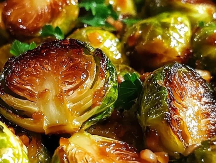 Honey Garlic Brussels Sprouts garnished and ready to serve