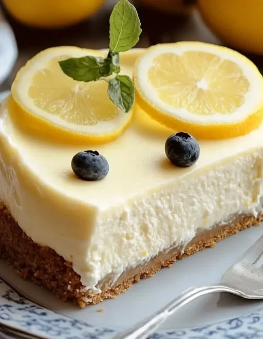 Slice of Keto Lemon Ricotta Cheesecake with fresh lemon garnish