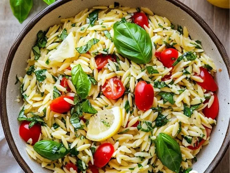Delicious Lemon Basil Orzo Salad with fresh ingredients and vibrant colors