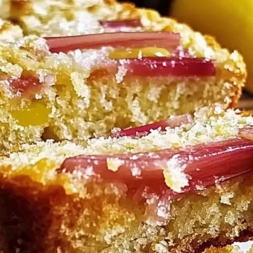Lemon Rhubarb Loaf cake topped with lemon glaze and fresh rhubarb slices