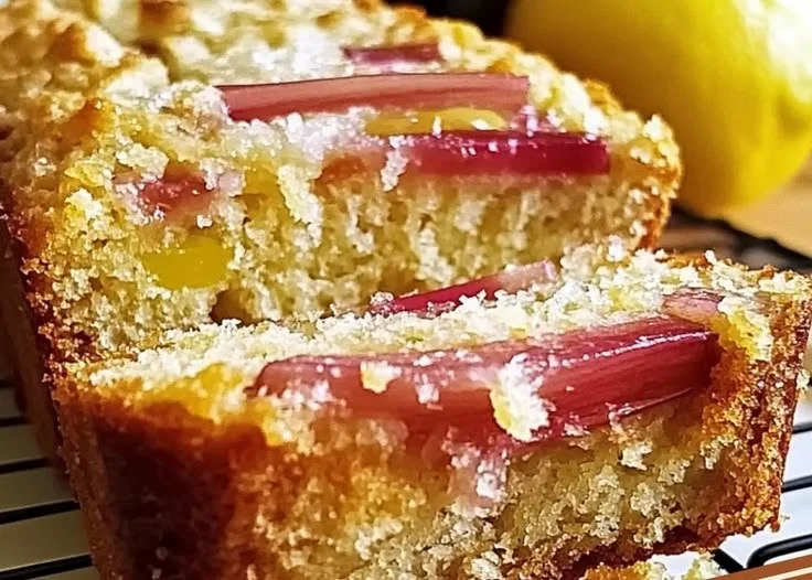Lemon Rhubarb Loaf cake topped with lemon glaze and fresh rhubarb slices