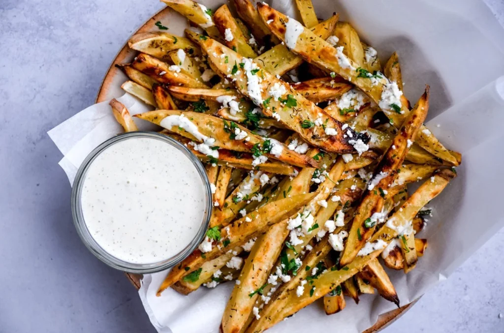 Loaded Greek Fries topped with feta cheese, olives, and tzatziki sauce