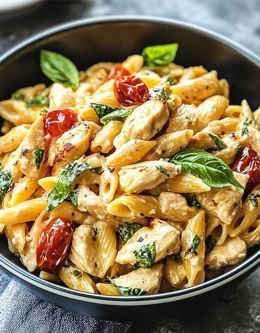 Plate of Marry Me Chicken Pasta garnished with fresh basil