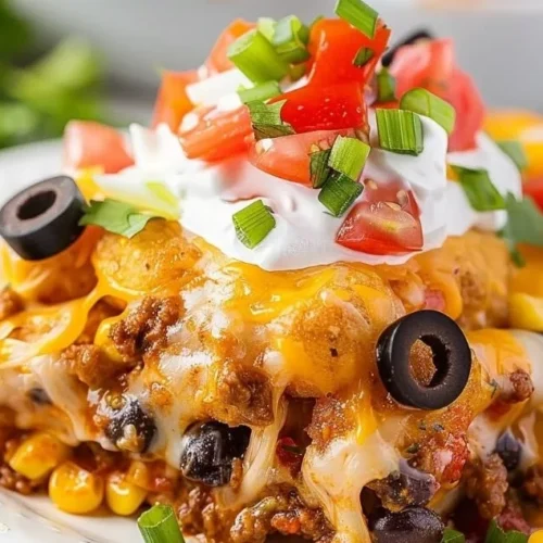 Mexican Tater Tot Casserole topped with cheese and spices