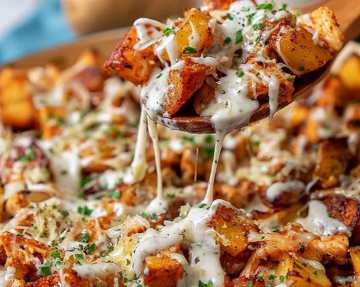 Delicious Garlic Parmesan Chicken served with crispy potatoes