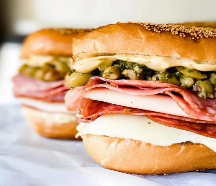 Delicious Muffuletta Sandwich with layers of meats, cheese, and olive salad