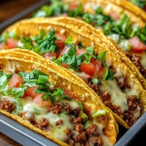 Oven-baked cheesy tacos on a serving platter with toppings