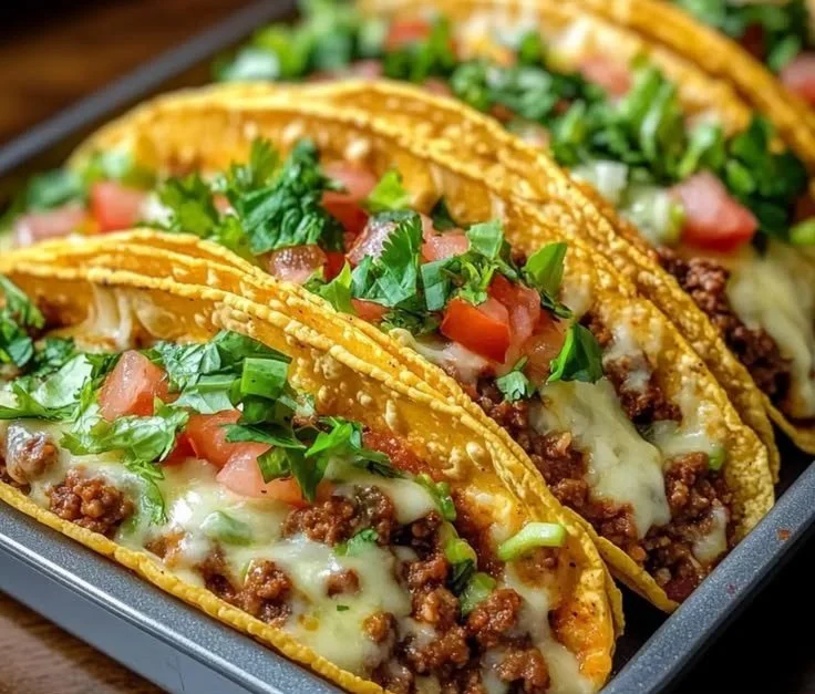 Oven-baked cheesy tacos on a serving platter with toppings