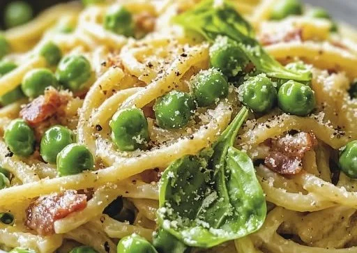 Pasta Carbonara with English Peas
