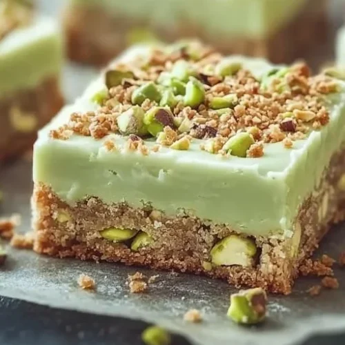 Deliciously chewy Pistachio Dream Cookie Bars topped with nuts and chocolate drizzle