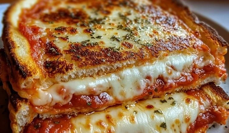 Pizza Sandwich loaded with cheese and toppings on a toasted bun