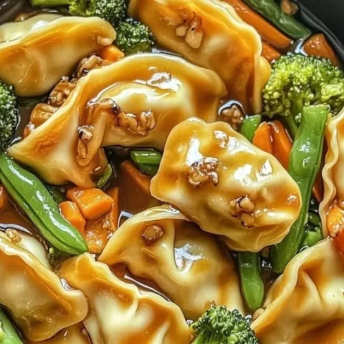 Delicious potsticker stir fry with vegetables and sauce