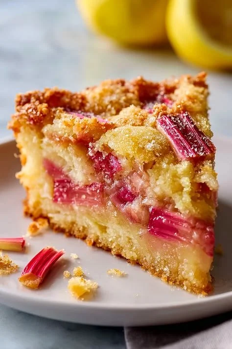 Slice of Rhubarb Custard Cake topped with fresh rhubarb and custard.