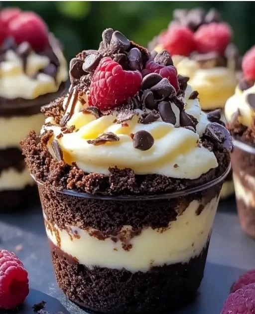 Delicious loaded brownie cheesecake cups topped with chocolate and cream