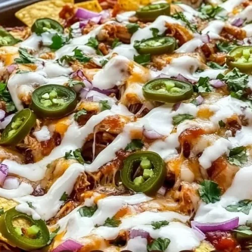 Sheet Pan BBQ Chicken Nachos topped with cheese, jalapeños, and BBQ sauce