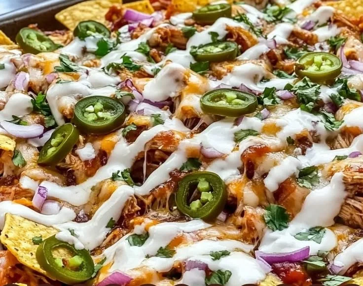 Sheet Pan BBQ Chicken Nachos topped with cheese, jalapeños, and BBQ sauce