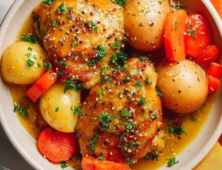 Instant Pot honey mustard chicken served with a side of vegetables
