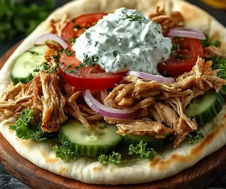 Delicious slow cooker chicken gyros served with fresh toppings.