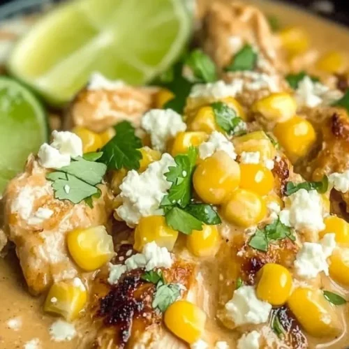 Delicious slow-cooker street corn chicken topped with spices and fresh ingredients.
