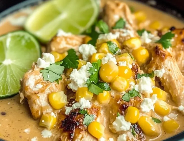 Delicious slow-cooker street corn chicken topped with spices and fresh ingredients.