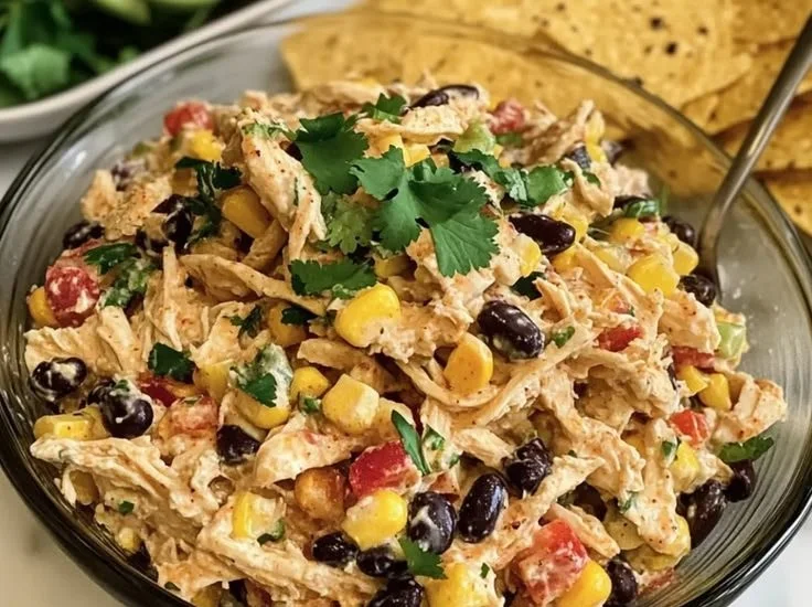 Southwestern chicken salad with grilled chicken, black beans, corn, and avocado.