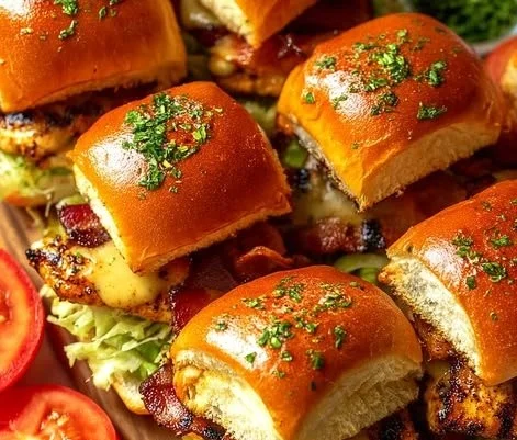 Spicy Honey Mustard Chicken BLT sliders served on a wooden platter